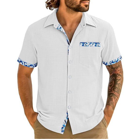 Men's Linen Shirts Casual Summer Short Sleeve Casual Tee Shirts Button Down Floral Print Beach Wedding Tops