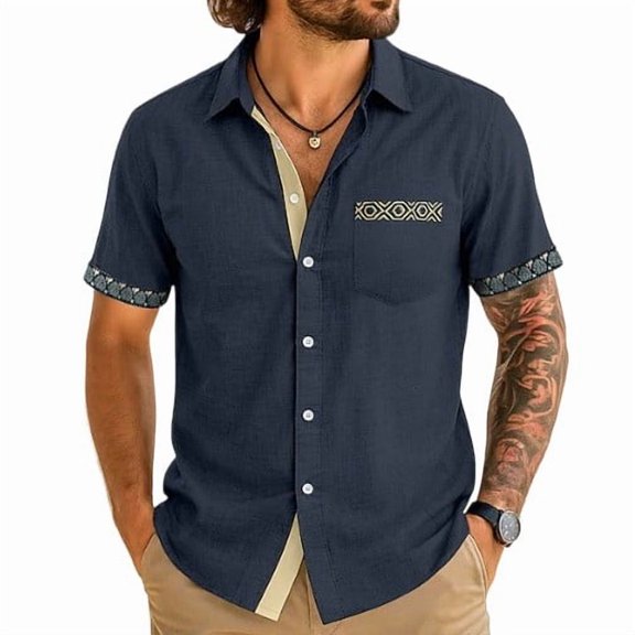 Men's Linen Shirts Casual Summer Short Sleeve Casual Tee Shirts Button Down Floral Print Beach Wedding Tops