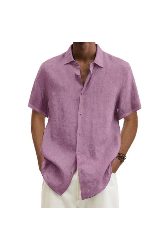 Men's Linen Shirts Cool Fitness Basic Big and Tall Undershirt Button Down Plain Collared Trendy Shirt Pink L