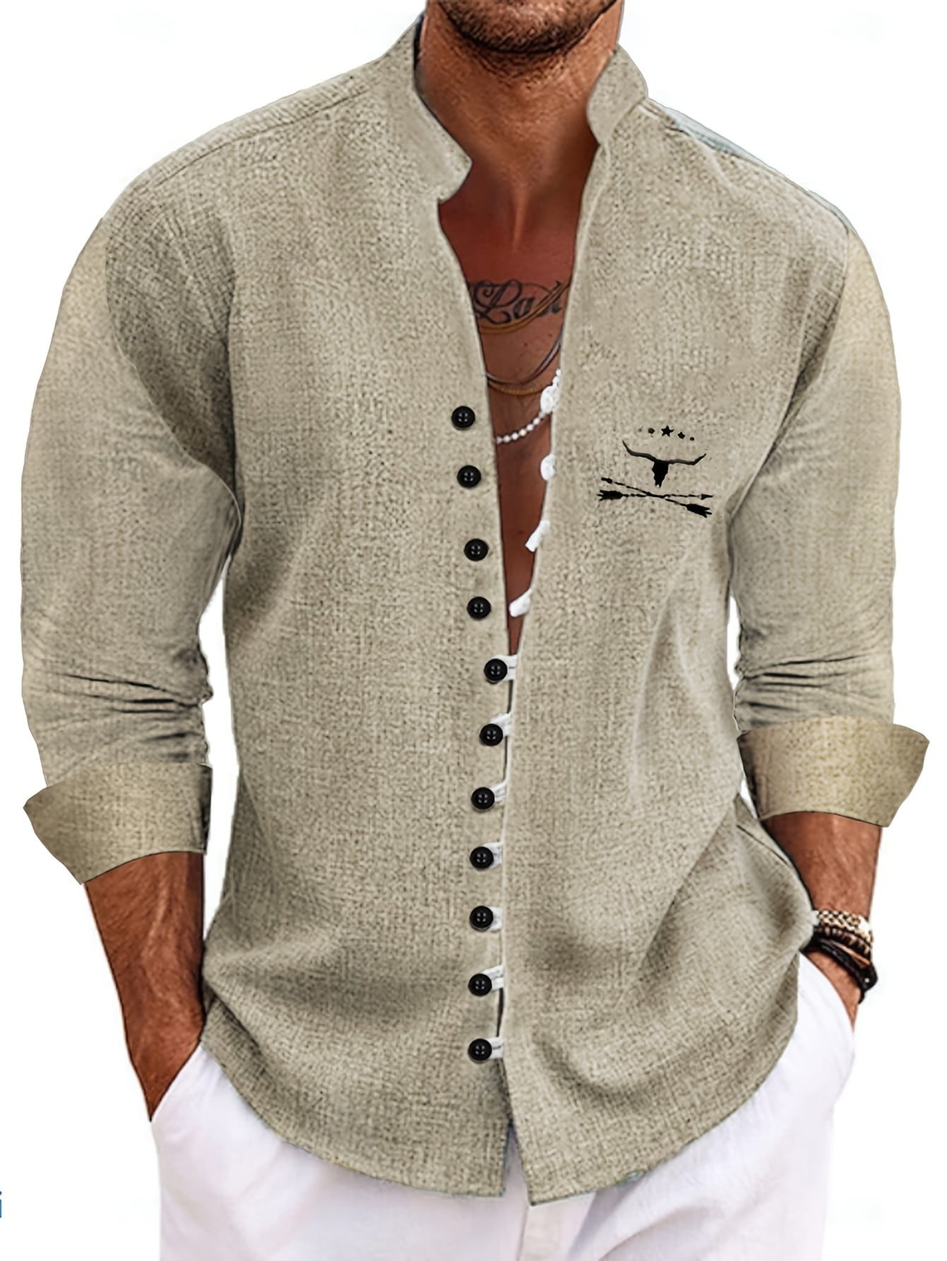 Friptspyg Men's Beige Linen Shirt - Long Sleeve Casual Button-Down (80% Cotton 20% Linen)