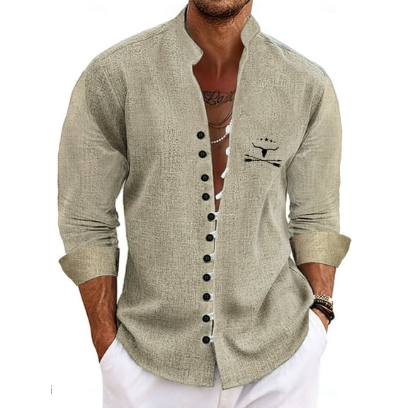 Men's Linen Shirts Graphic Long Sleeve Casual Shirts Button Down Shirt for Men Beach Summer Wedding Shirt Beige L