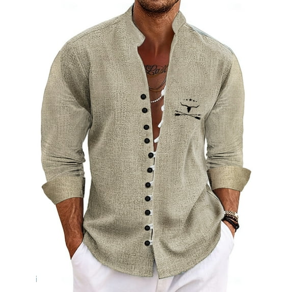 Men's Linen Shirts Graphic Long Sleeve Casual Shirts Button Down Shirt for Men Beach Summer Wedding Shirt Beige XXL