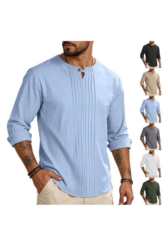 Men's Linen Shirts Henley T-Shirts Long Sleeve Casual Beach T-Shirts Solid Tops Shirts for Men