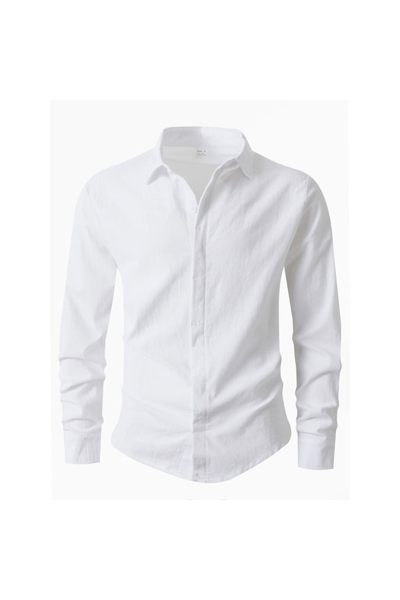 Men's Linen Shirts Lapel Collar Long Sleeve Button Down Business Casual Blouse Solid Dress Shirt Officewear (2XL, White)