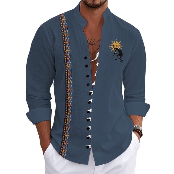 Men's Linen Shirts Long Sleeve Button Down Casual Shirt Business Dress Clothing Beach Fashion Summer Tops Blue L