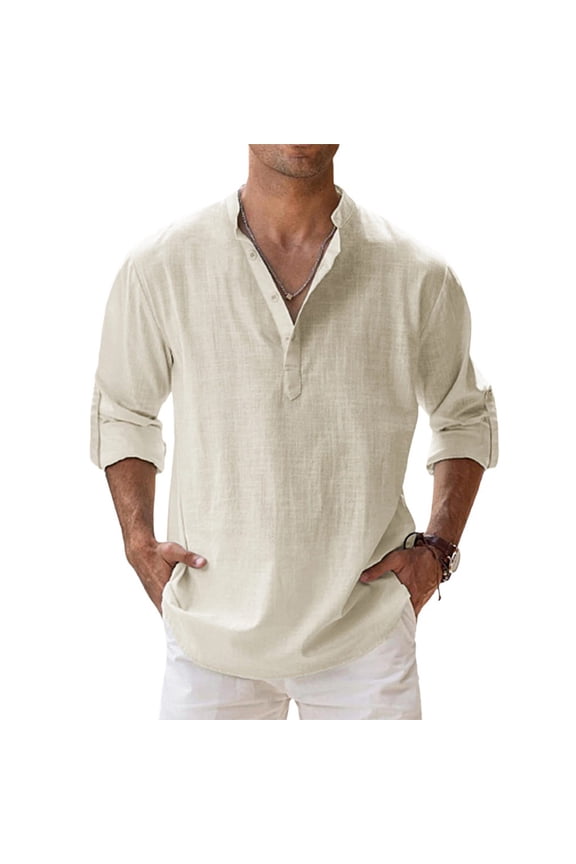 Men's Linen Shirts Long Sleeve Button Down Henley Shirts Cotton Linen Plus Size Collar Solid Color Beach Shirt Complexion 2XL