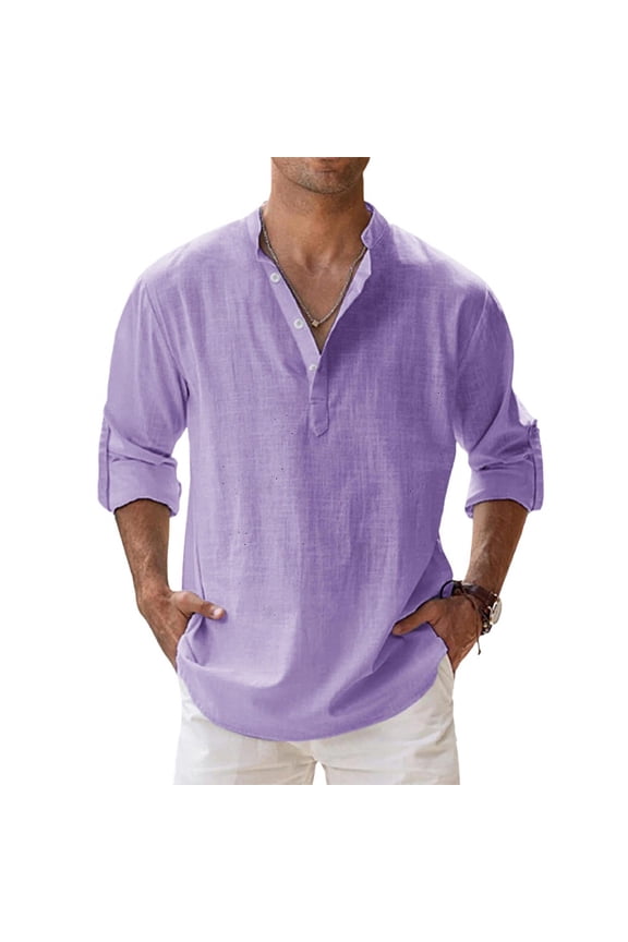 Men's Linen Shirts Long Sleeve Button Down Henley Shirts Cotton Linen Plus Size Collar Solid Color Beach Shirt Purple M