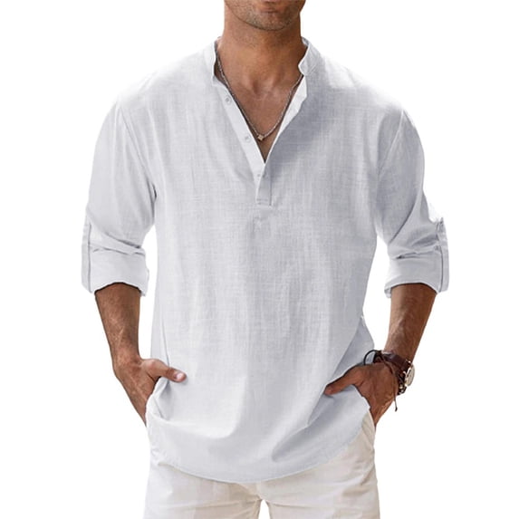 Men's Linen Shirts Long Sleeve Button Down Henley Shirts Cotton Linen Plus Size Collar Solid Color Beach Shirt White L