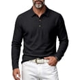 thumbnail image 1 of Men's Linen Shirts Long Sleeve Polo-Collared Button Solid Color Shirt Versatile Breathable Casual Business Tees (L, Black), 1 of 5