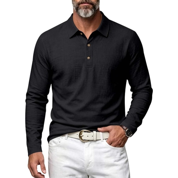 Men's Linen Shirts Long Sleeve Polo-Collared Button Solid Color Shirt Versatile Breathable Casual Business Tees (L, Black)