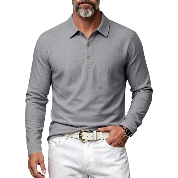 Men's Linen Shirts Long Sleeve Polo-Collared Button Solid Color Shirt Versatile Breathable Casual Business Tees (S, Gray)