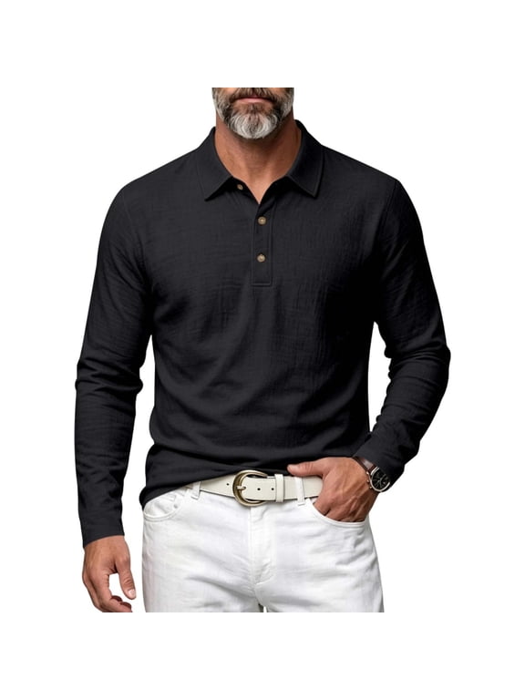 Men's Linen Shirts Long Sleeve Polo-Collared Button Solid Color Shirt Versatile Breathable Casual Business Tees (XL, Black)