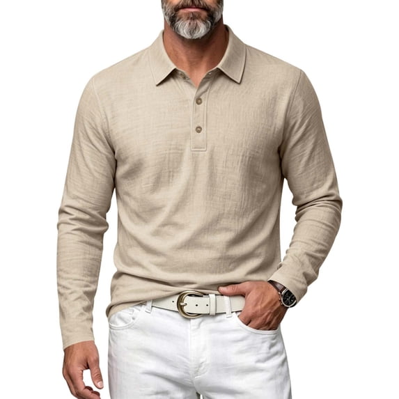 Men's Linen Shirts Long Sleeve Polo-Collared Button Solid Color Shirt Versatile Breathable Casual Business Tees (XL, Khaki)