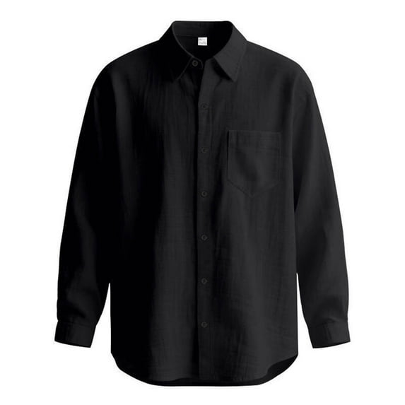 Men's Linen Shirts Long Sleeve Slim Fit Casual Pocket Tops Slim Fit Business Formal Dress Solid Color Blouses Tops (2XL, Black)