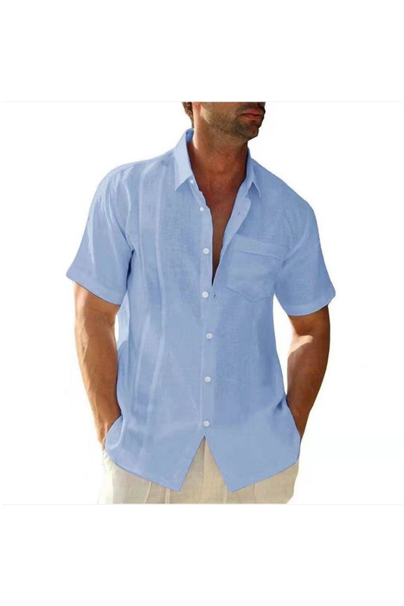 Men's Linen Shirts Short Sleeve 2026 Men Summer Button Down T Shirts Vacation Beach Tops Plus Size Tops Casual Light Blue M