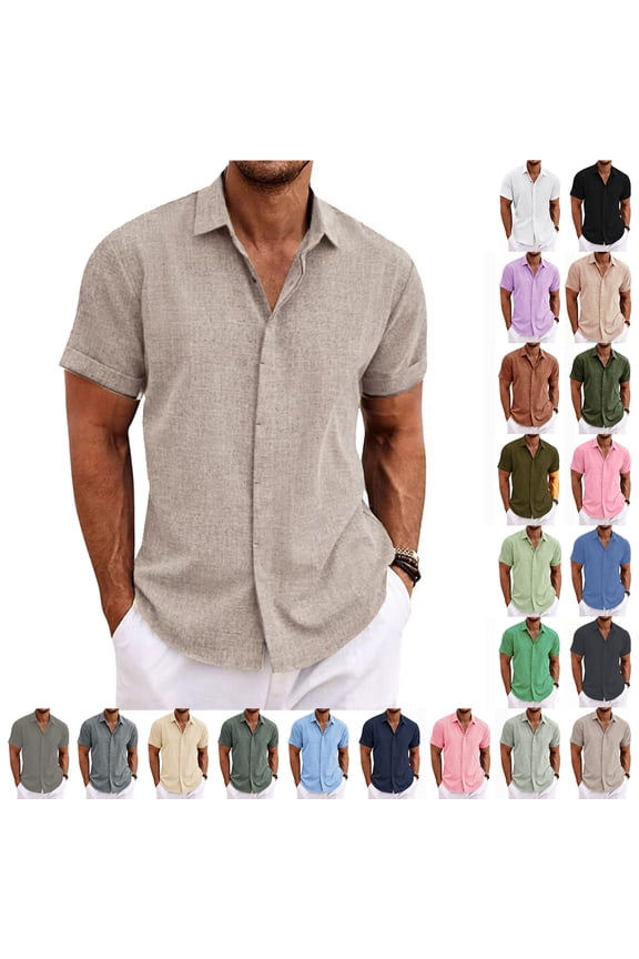 Men's Linen Shirts Short Sleeve Button Down Casual Shirt Business Dress Clothing Beach Fashion Summer Tops Red L