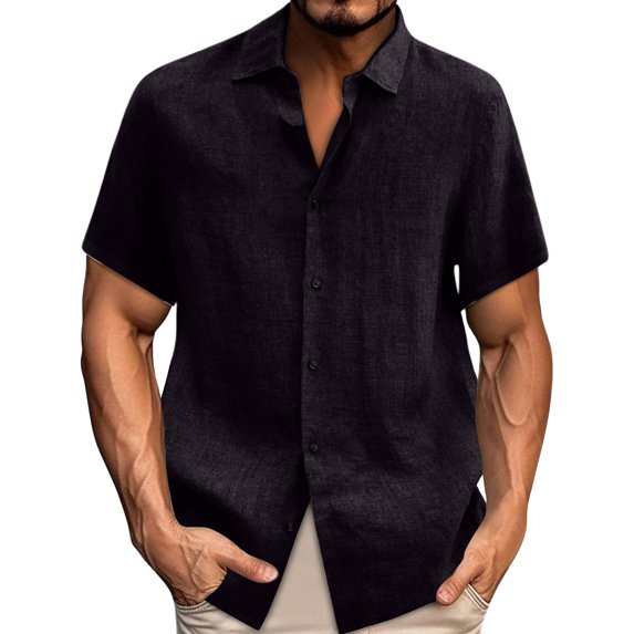 Men's Linen Shirts Short Sleeve Casual Shirt Oversized Summer Lightweight Button Down Beach Vacation Tops Black L