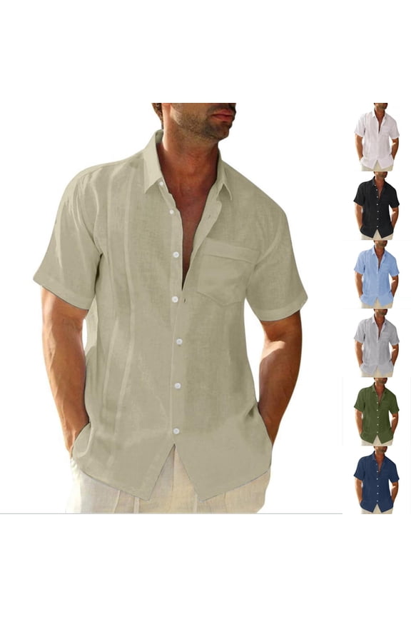 Men's Linen Shirts Short Sleeve Casual Shirt Oversized Summer Lightweight Button Down Beach Vacation Tops Complexion M
