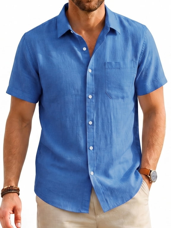 Men's Linen Shirts Short Sleeve Casual Shirts Button Down Shirt Beach Summer Vacation Blue Shirt 2XL