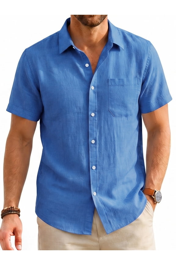 Men's Linen Shirts Short Sleeve Casual Shirts Button Down Shirt Beach Summer Vacation Blue Shirt 3XL