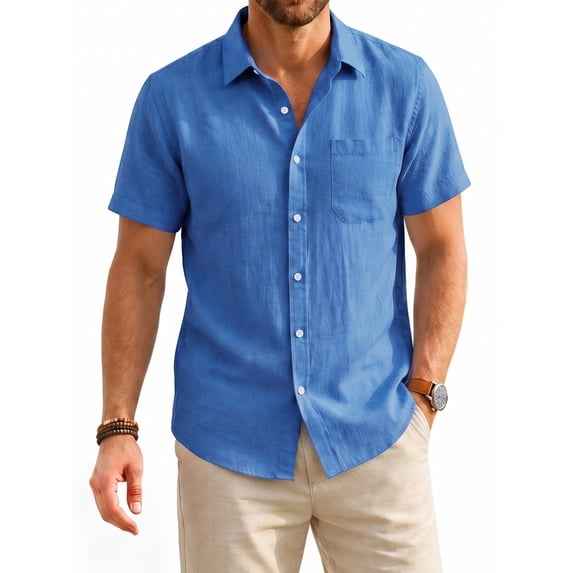 Men's Linen Shirts Short Sleeve Casual Shirts Button Down Shirt Beach Summer Vacation Blue Shirt XL