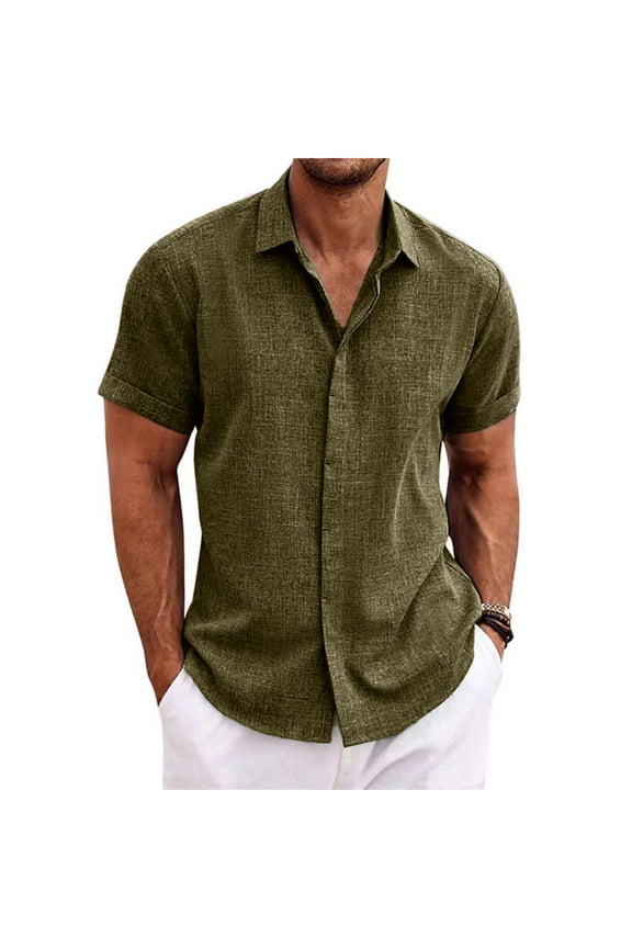 Men's Linen Shirts Short Sleeve Casual Shirts Button Down Shirt for Men Beach Summer Wedding Shirt Dark Green 3XL
