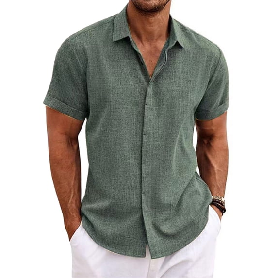 Men's Linen Shirts Short Sleeve Casual Shirts Button Down Shirt for Men Beach Summer Wedding Shirt Green S