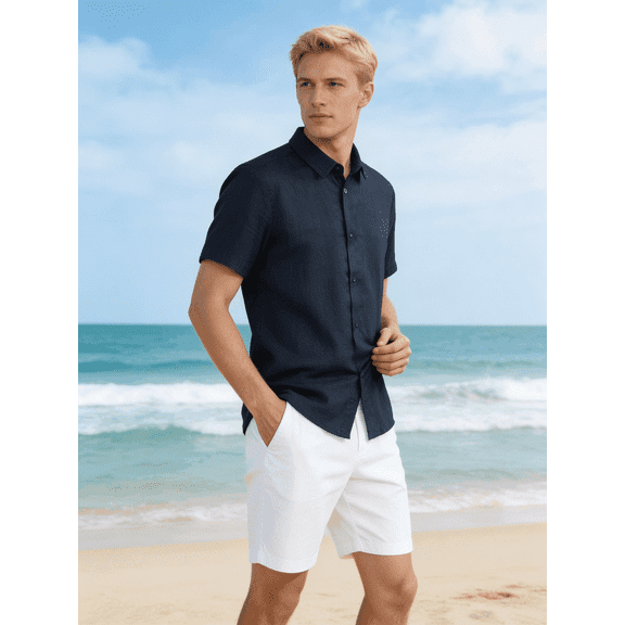 Men's Solid Black Textured Short Sleeve Button Down Casual Shirt, Summer Lightweight Beach Vacation Button Up Shirts Suitable for summer beach outings