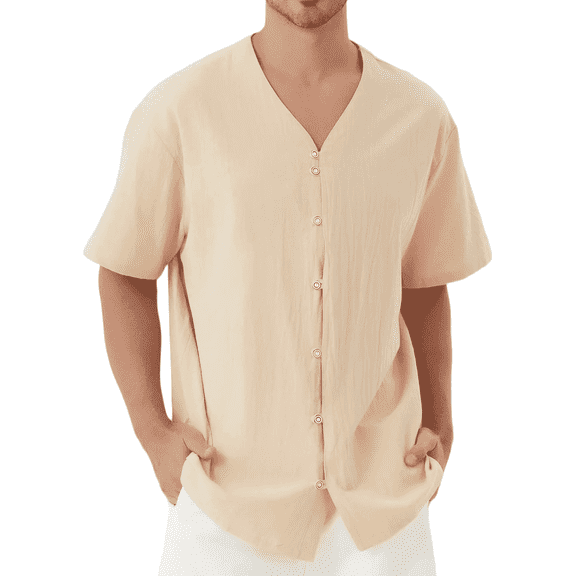 Puztloy Men's Linen Shirts Short Sleeve Casual Shirts Button Down Shirt for Men Beach Summer Wedding Shirt