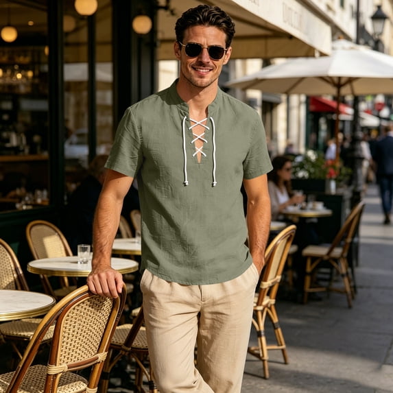 Men's Linen Shirts Short Sleeve Stand Collar Lace Up T Shirts Casual Lightweight Breathable Relaxed Fit Summer Tees, L