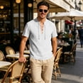 thumbnail image 1 of Men's Linen Shirts Short Sleeve Stand Collar Lace Up T Shirts Casual Lightweight Breathable Relaxed Fit Summer Tees, S, 1 of 7