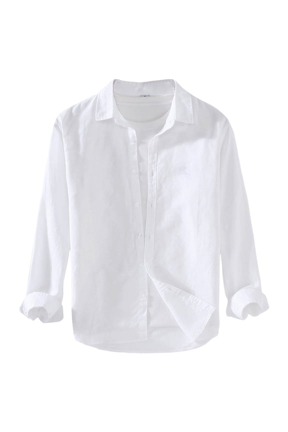 Men's Linen Shirts Solid Color Casual Long Sleeve Tops Clothes