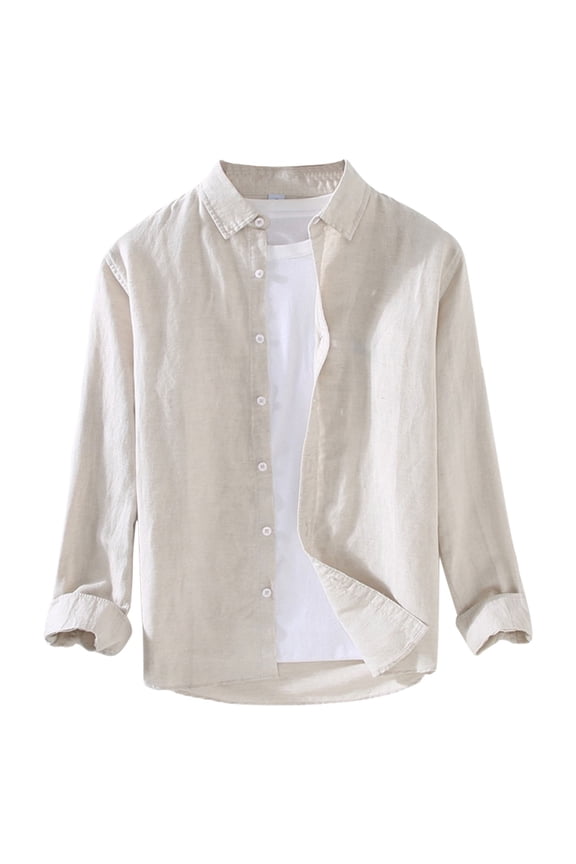 Men's Linen Shirts Solid Color Casual Long Sleeve Tops Clothes