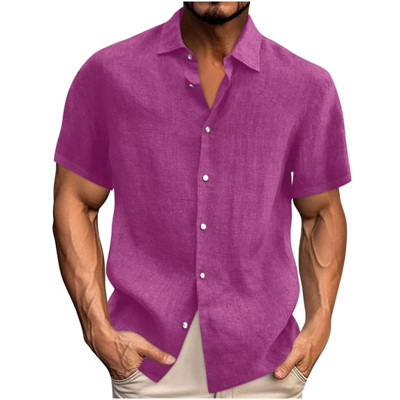 Men's Linen Shirts Summer Casual Button Down Shirts Big and Tall Short Sleeve Tops Beach Vacation Resort Wear