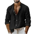 thumbnail image 1 of Men's Linen Shirts Summer Casual Cotton T Shirt Fashion Turn-down Collar Button Cardigans Long Sleeve Blouse Top Black XL, 1 of 6