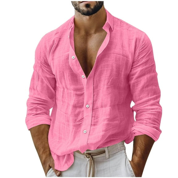 Men's Linen Shirts Summer Casual Cotton T Shirt Fashion Turn-down Collar Button Cardigans Long Sleeve Blouse Top Pink S