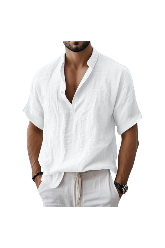 Men's Linen Shirts Summer Short Sleeve Button Down Collar Beach Boho Tops Casual Breathable Henley Shirts Plus Size