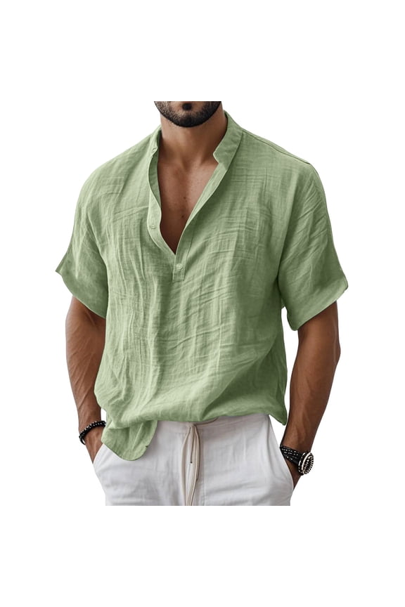 Men's Linen Shirts Summer Short Sleeve Button Down Collar Beach Boho Tops Casual Breathable Henley Shirts Plus Size