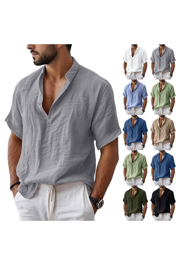 Men's Linen Shirts Summer Short Sleeve Button Down Collar Beach Boho Tops Casual Breathable Henley Shirts Plus Size