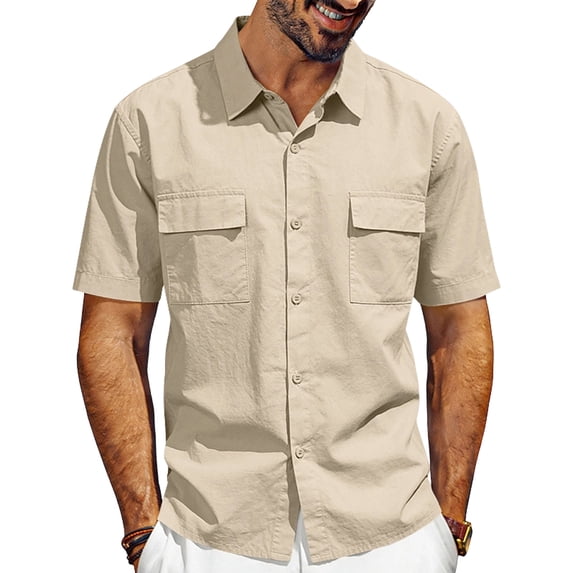 Men's Linen Short Sleeve Button Down Shirt, Casual Lapel Collar Double Chest Pockets Summer Beach Work Shirts for Men, S-3XL