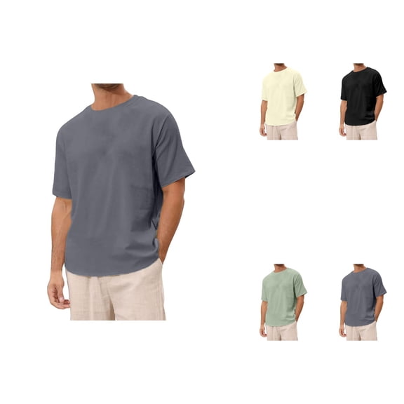 Men's Linen Short Sleeve Crew Neck T-Shirt, Vintage Casual Beach Top, Breathable Solid Color Basic Tee For Men