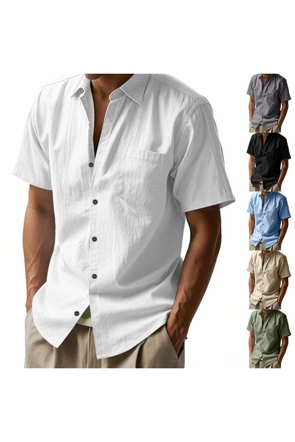 Men’s Linen Short Sleeve Shirt with Classic Spread Collar Relaxed Fit Button Down Design and Chest Pocket for Everyday Wear