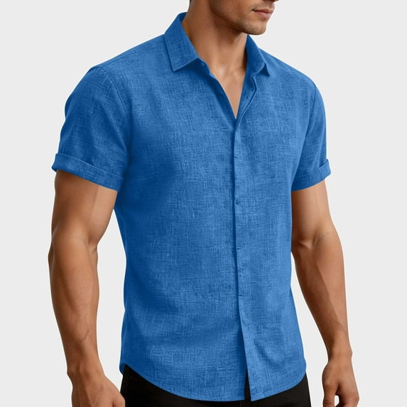 Men's Linen Short Sleeve Shirts Cotton Casual Lightweight Button Down Shirt Beach Vacation Summer Top Beach Shirt Light Blue S