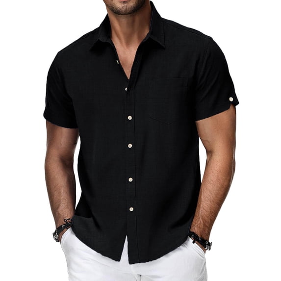 Men's Linen Short Sleeve Shirts Cotton Casual Lightweight Button Down Shirt Beach Vacation Summer Tops with Pocket Size 2XL Black