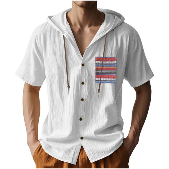 Men's Linen Short Sleeve Tops with Hood Boho Printed Chest Pocket Drawstring Button Up Hoodie Beach Shirt (S, White)