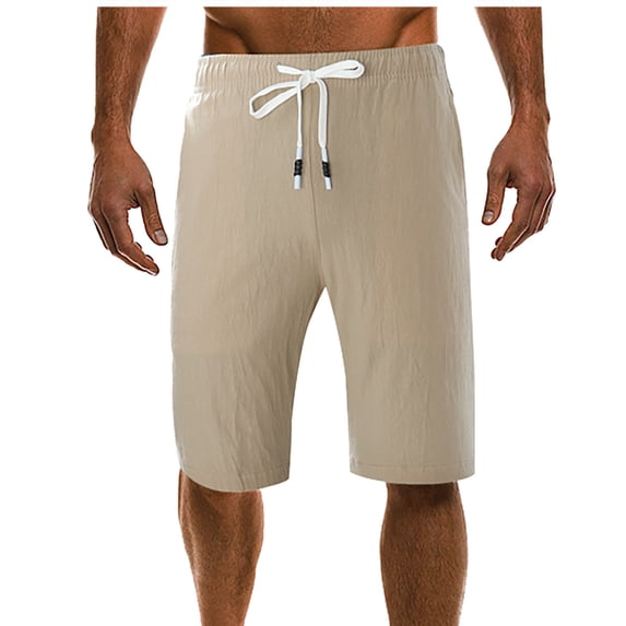 Men's Linen Shorts Casual Elastic Waist Drawstring Summer Beach Vacation Yoga Golf Shorts with Pockets Big and Tall Size M-5XL Khaki