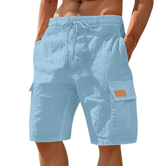Men's Linen Shorts Drawstring Elastic Waist Shorts with Pockets Flat Front Linen Shorts Cotton Linen Lightweight Breathable Casual Summer Daily Wear Outfit,Blue 2XL