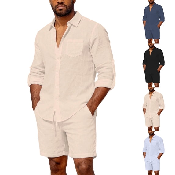 Men's Linen Shorts Set with Long Sleeve Button Up Cardigan Shirt Turned Down Collar Casual Two Piece Outfit for Beach Vacation Golf Travel | AESTIVO,Khaki XL