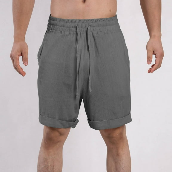 Men's Linen Shorts Solid Casual Loose Fit Summer Beach Shorts Drawstring Elastic Waist Vacation Shorts with Pockets