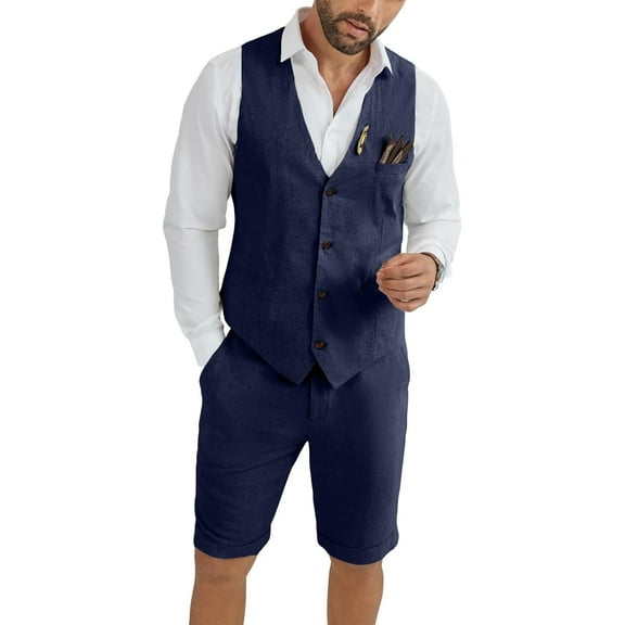 Men's Linen Shorts Suit Set - 2 Piece Wedding Groom/Beach Formal Suit -  Vest & Shorts